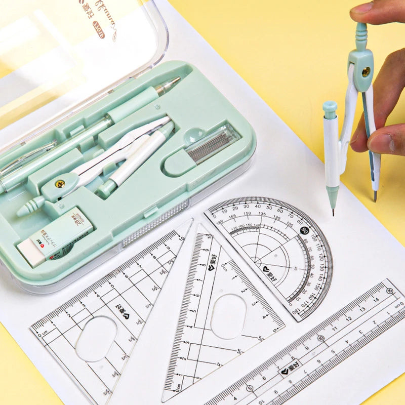 8-Piece Math Drawing Set,Drawing Tools,Including Compass,Ruler,Set Square,Protractor, Eraser,And Mechanical Pencil,Compass Set
