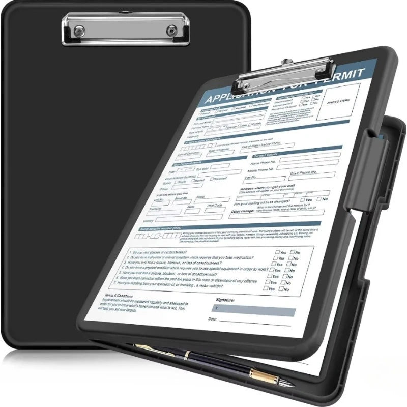 Clipboard with storage  33x24 cm, heavy storage clipboard, plastic clipboard with side opening folding.