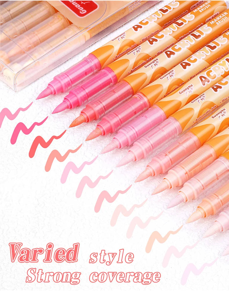 GuangNa 12-72 Colors Soft Brush Acrylic Marker Pen Set,Skin Tone, Macaron color,DIY Hand Drawn,Paint Art Markers pens,GN.8201F/M