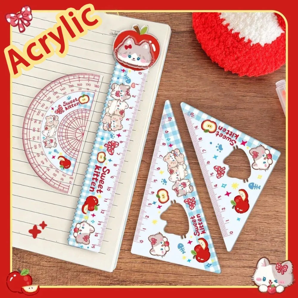 4pcs New Acrylic Ruler Set Red Kitten/Green Puppy Measurement Drawing Stationery Set Square Protractor Gift