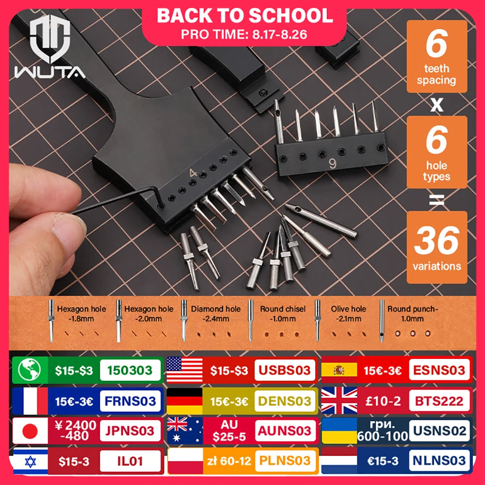 WUTA Multifunctional Leather Hole Punch Round Pricking Iron Stitching Punching Chisel Interchangeable Head Leather Craft Tools