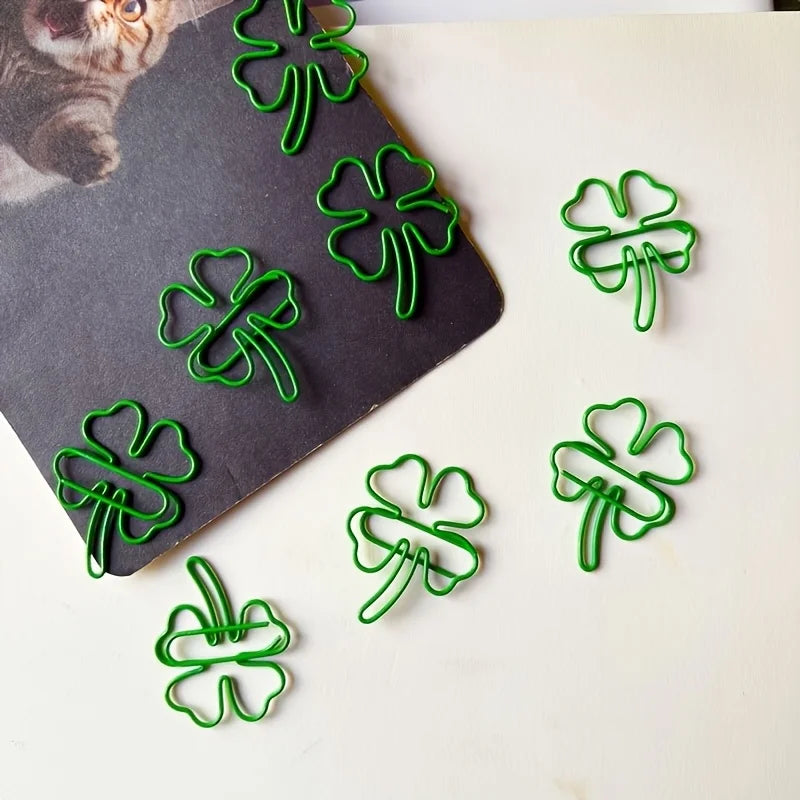 10/30/50 Green four-leaf clover-shaped paper clips - Lucky little clips, durable color document organization clips