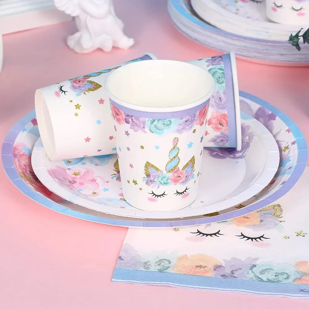 96 Pieces Unicorn Cutlery Set Disposable Paper Plates Paper Cups Theme Party Birthday Celebration Anniversary Decorations