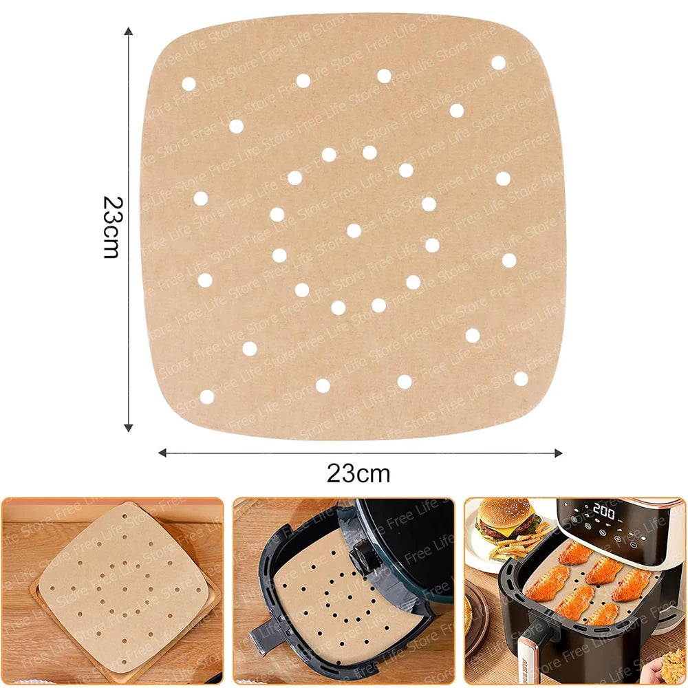 Air Fryer Disposable Paper Liners 23cm Square Perforated Parchment Paper Non-stick Greaseproof Paper for 7-12L Airfryer Steamer