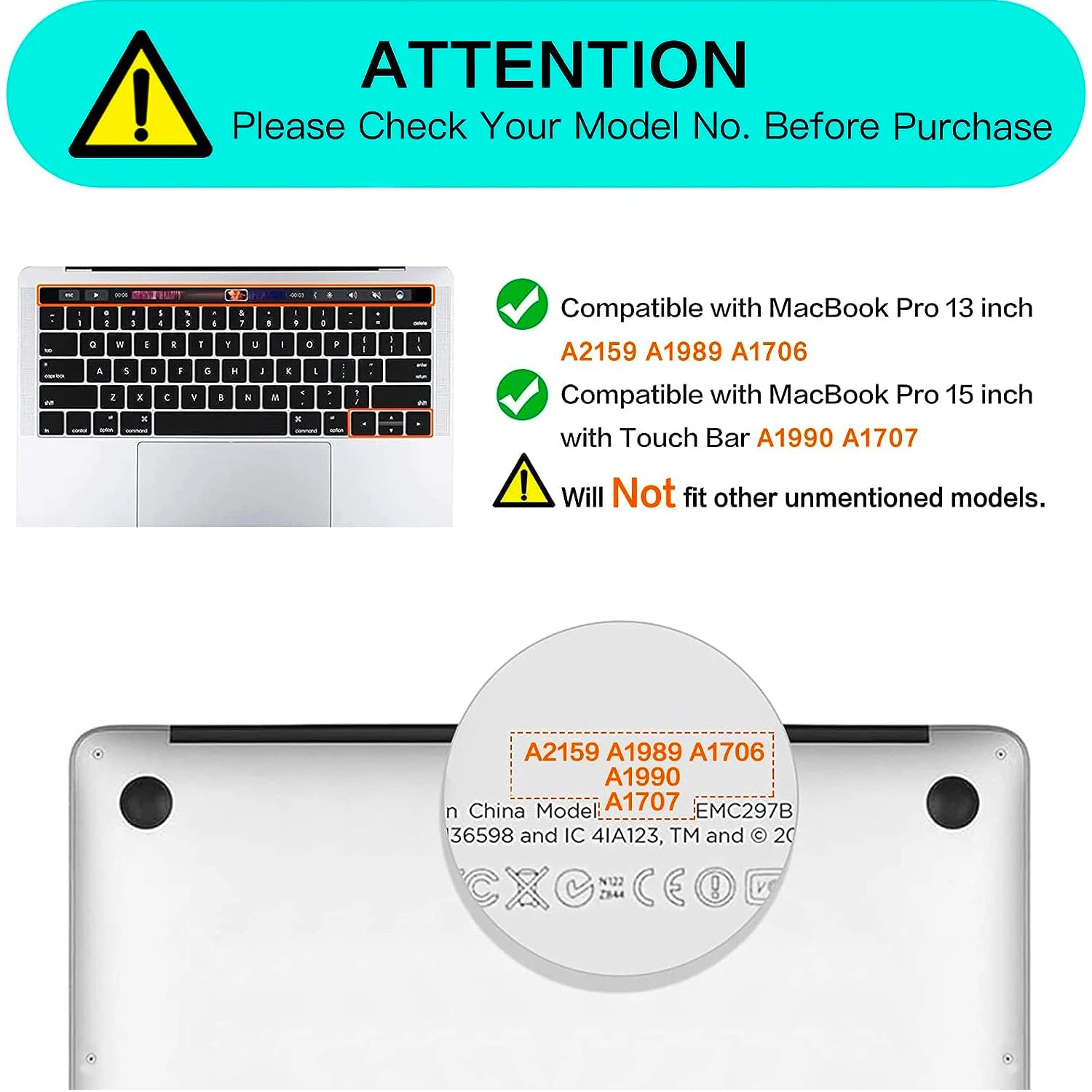 Keyboard Cover For MacBook Pro with Touch Bar 13&15 2016-2019 Model: A2159, A1989, A1990, A1706, A1707), Silicone Skin Protector