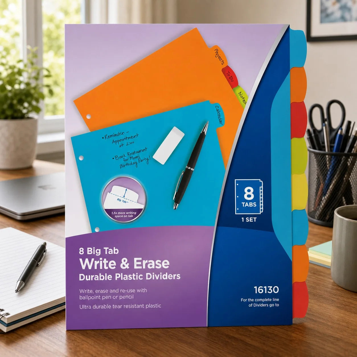 Write And Erase Plastic Binder Dividers With Big Tabs, Bright Multicolor, Durable For School Office Filing
