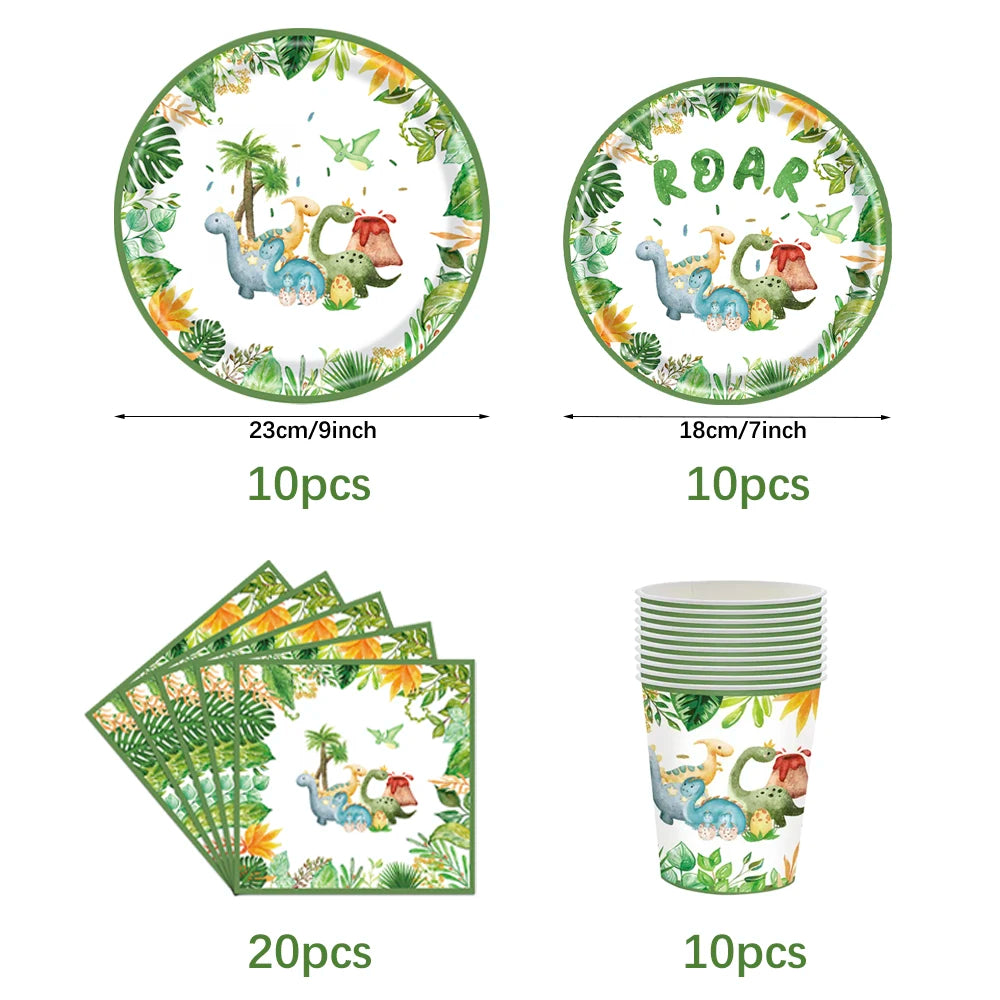 Cartoon Dinosaur Birthday Disposable Tableware Paper Plates Cups Napkin Tablecloth Dinosaur Roar Theme Birthday Party Decoration