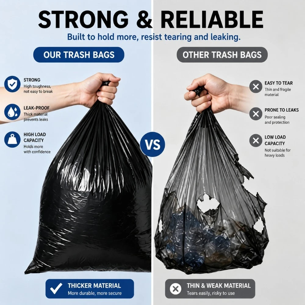 100 Large Black Trash Bags – Leak-proof, Durable Polyethylene