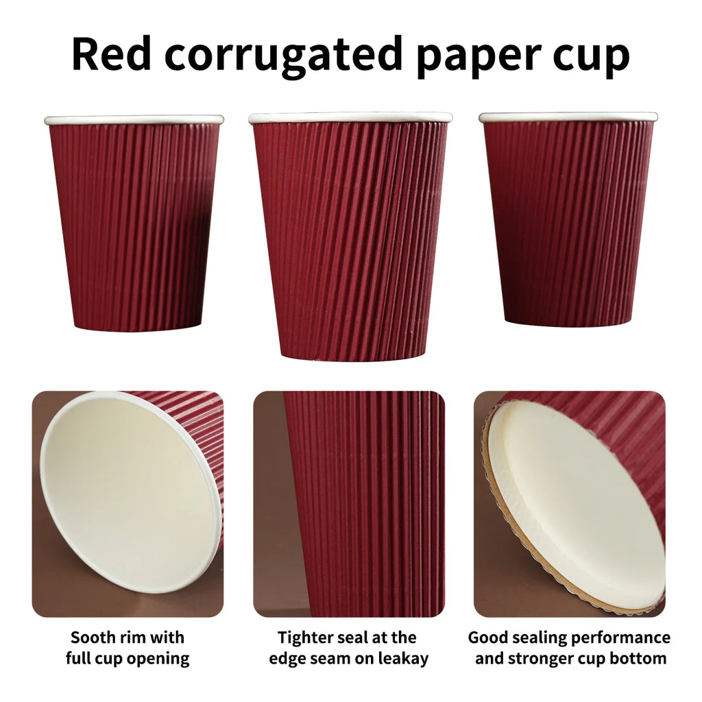 Red Corrugated Disposable Coffee Cups Heat Insulation Cups with Straw for Hot Beverage Ideal for Party Christmas New Year Supply