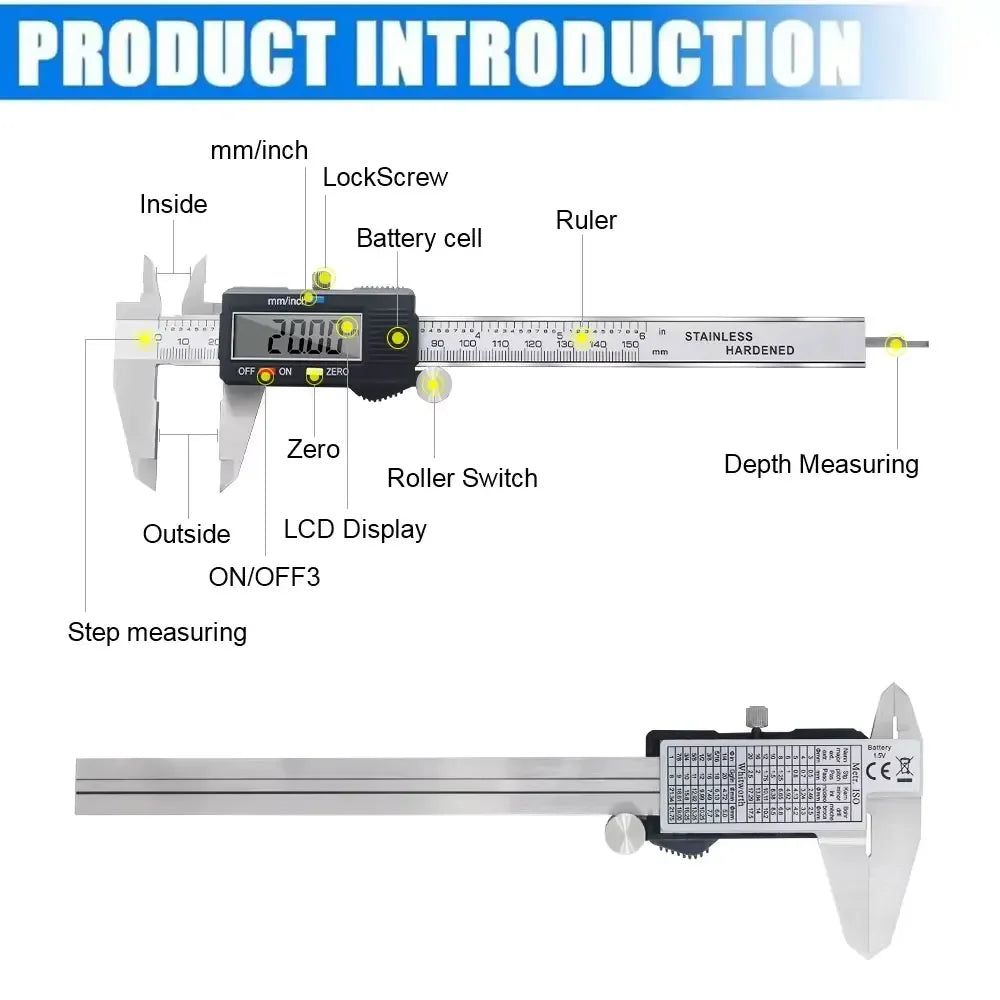 High Precision Digital Caliper - Electronic Display Thickness Gauge - Industrial Grade Stainless Steel Precision Measuring Tool