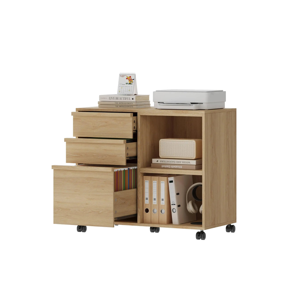3 Drawer File Cabinet with Open Shelves, Rolling Lateral Filing Cabinet for Letter/A4, Mobile Wood Printer Stand on Wheels, Home Office Storage Organizer