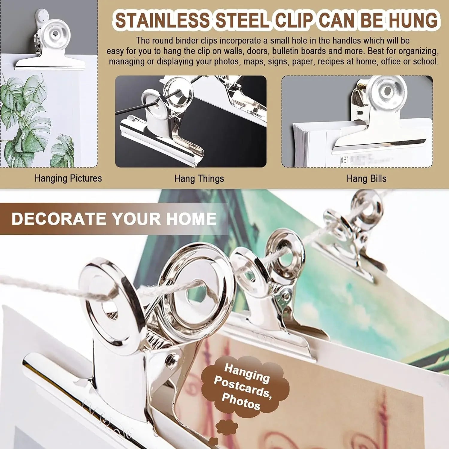 6Pcs Metal Paper Clip Foldback Metal Binder Clips Multi-functional Clamp Binder Paper Clips Office School Stationery Supplies