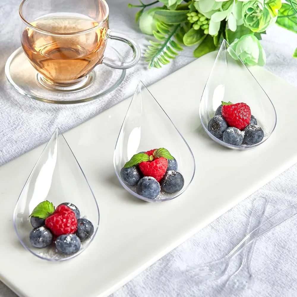 50Pcs Tear Drop Mini Appetizer Plates Reusable Plastic Tasting Spoons Plates Tableware Mousse Dessert Ice Cream Cup