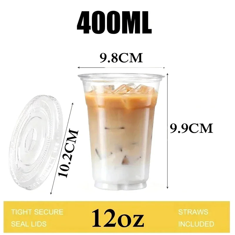 Clear Plastic Beverage Cups with Lids Disposable Cold Drink Containers for Milk Tea Juice Iced Coffee Ice Cream Dessert Party