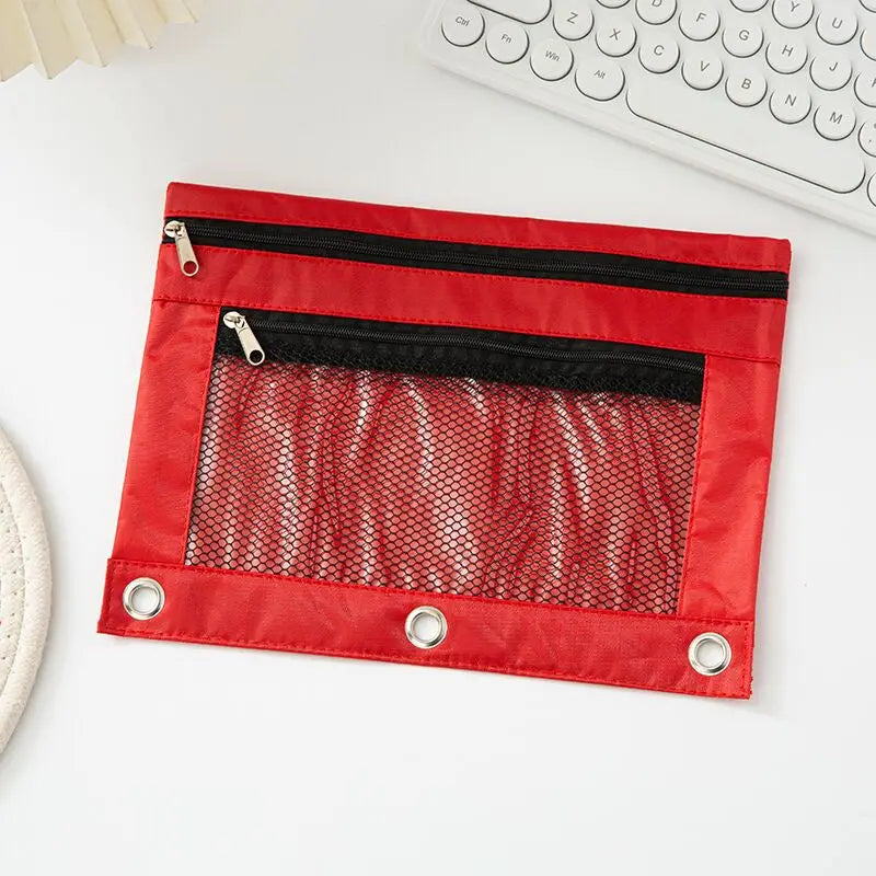 Double Zipper Pen Bag 3 Rings Binders Pencil Case File Bag Pencil Box For Erasers Rulers Markers Storage