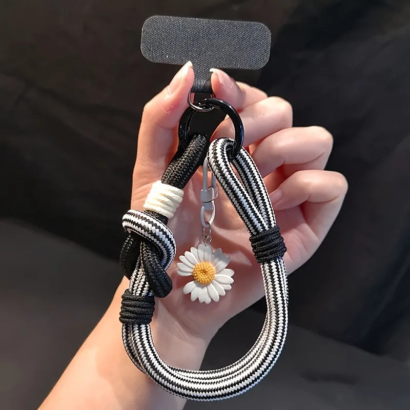 Cute 3D Flowers Adjustable Phone Lanyard Wrist Strap 2-in-1 Short Hand Rope Woven Stylish Mobile Accessory for Men and Women