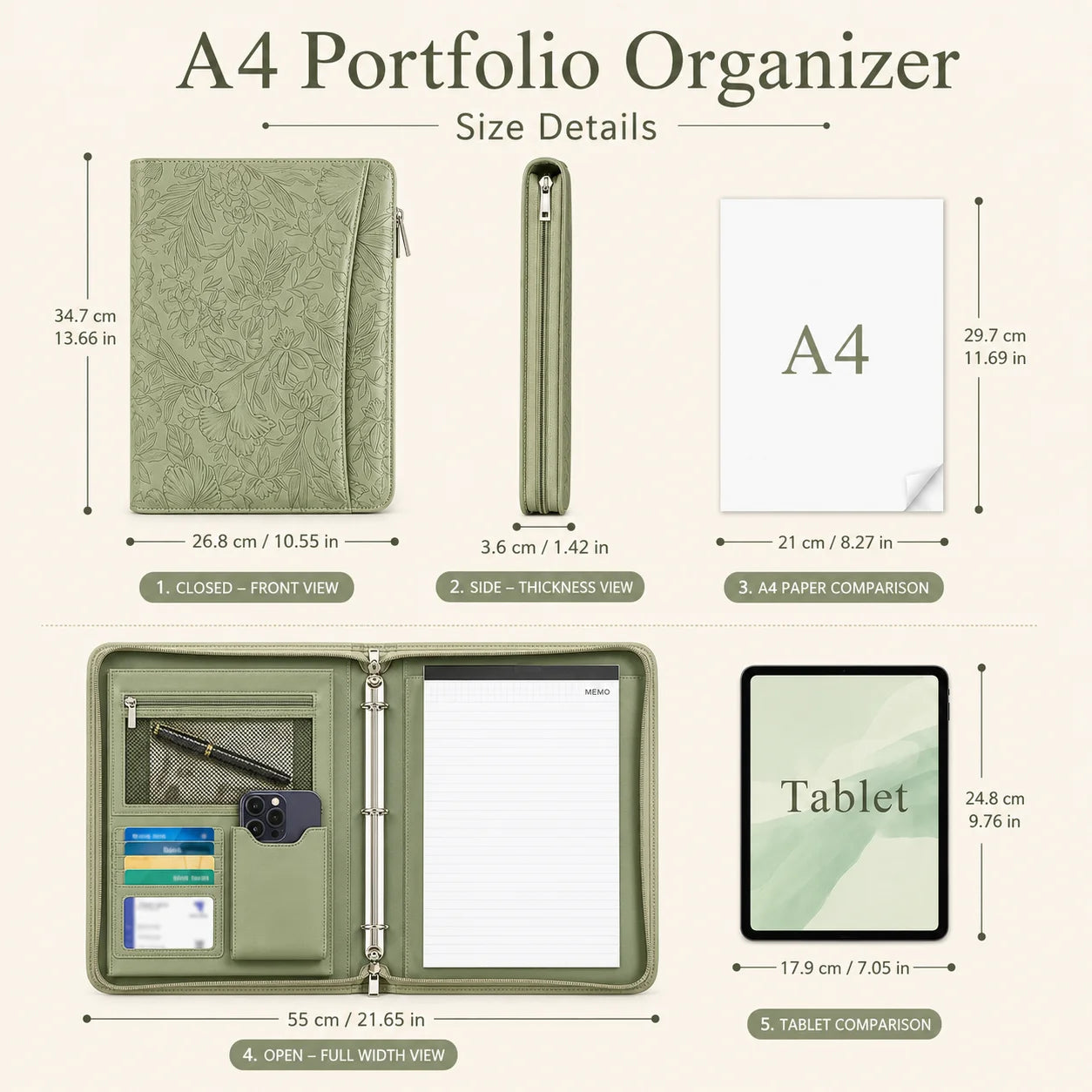 A4 Zippered Portfolio Organizer with 3-Ring Binder, Tablet Sleeve, Card Slots, Phone Pocket and Memo Pad