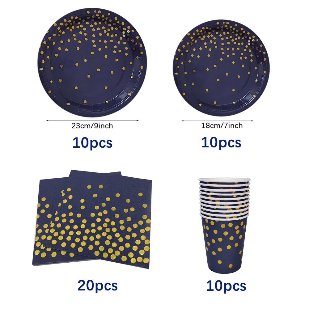 Dark Blue Gold Birthday Disposable Tableware Paper Plates Cups Napkin Tablecloth Adult Elegant Birthday Party Decoration Wedding