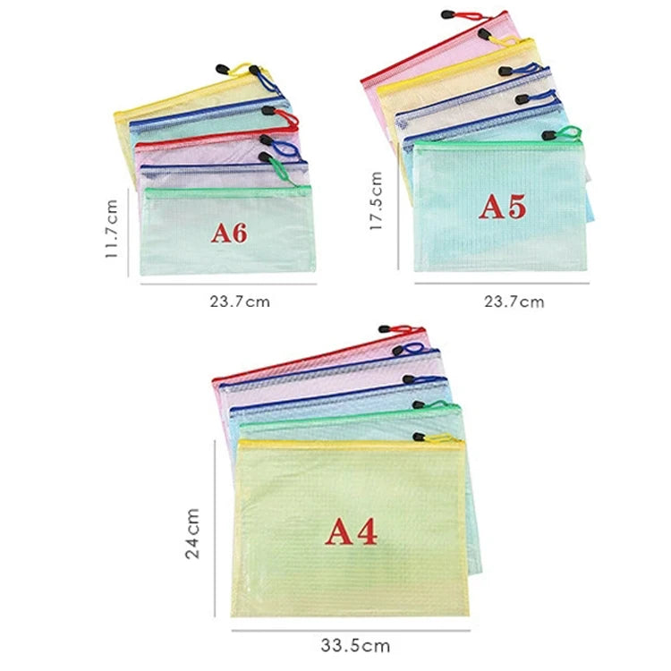 5PCS Stationery Storage Folder File Mesh Zipper Pouch A4/A5/A6 Document Bag Zip File Folders School Office Supplies