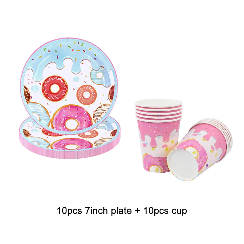 1Set Donut Party Decoration Disposable Tableware Plate Cup Napkins Candy Gift Bags Kids Baby Girl 1st Birthday Party Supplies