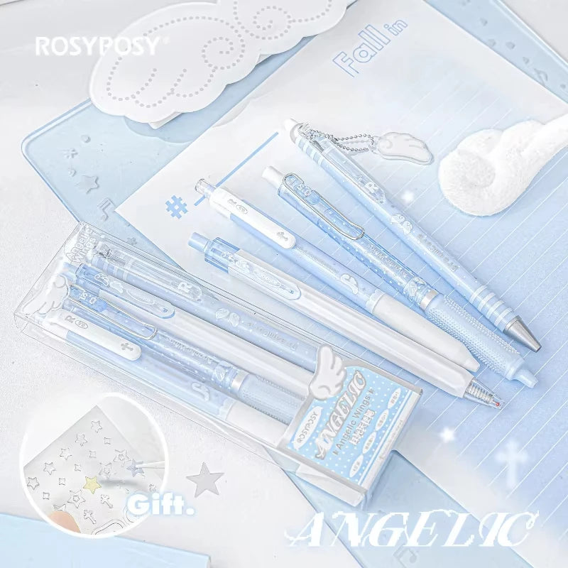 4pcs/set Pearl Angel Gel Pen Set Cute Exam Pens with Wing Design Kawaii Cartoon 0.5mm Black Ink for Kids Back To School Student