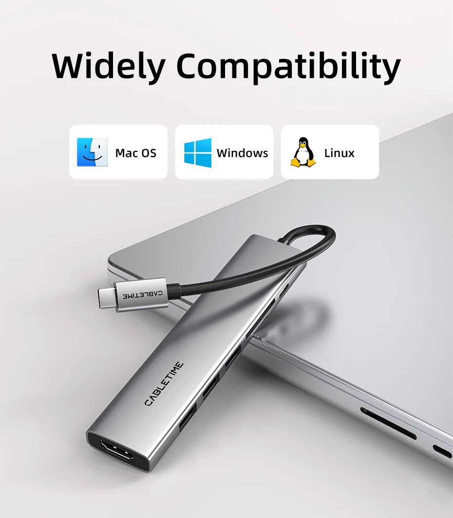 CABLETIME 7 IN 1 USB C HUB 4K@30Hz Resolution Display 5Gbps High Speed Data Transmission PD 100W Power for Laptop Macbook