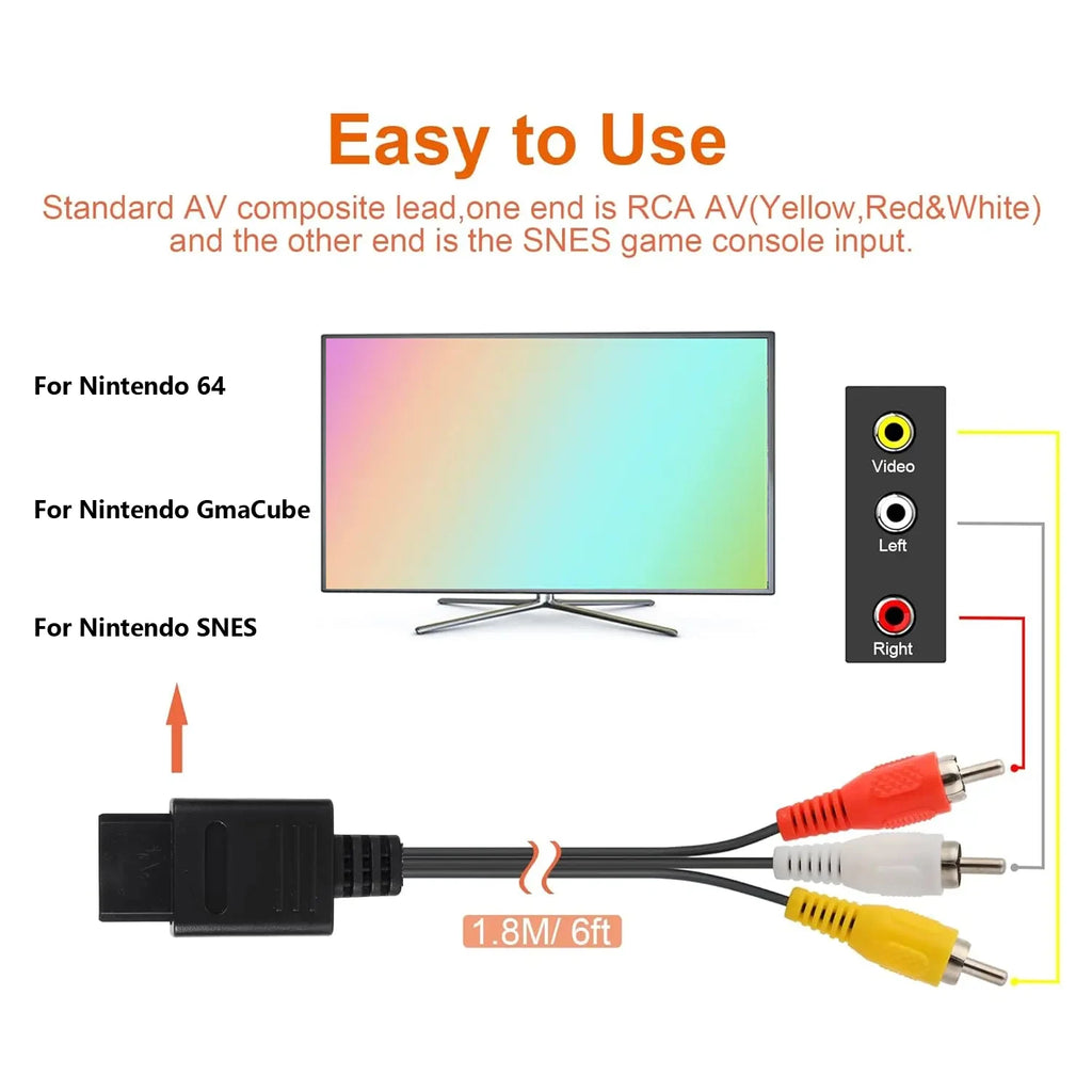 1.8m AV Cable Composite Video Cord 6 Feet Line Compatible with Nintendo 64/N64/GameCube/SNES TV Game Console Accessories