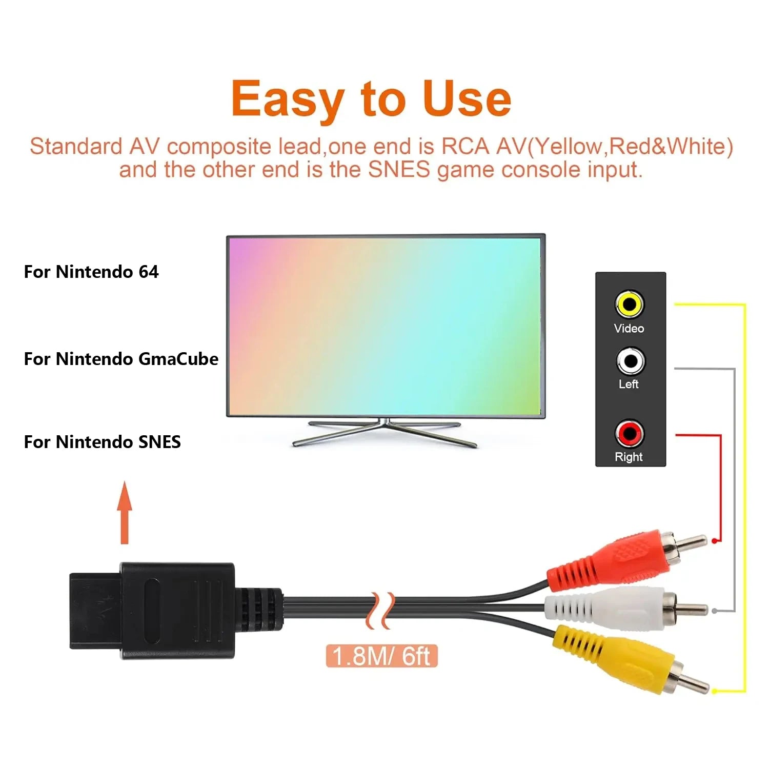 1.8m AV Cable Composite Video Cord 6 Feet Line Compatible with Nintendo 64/N64/GameCube/SNES TV Game Console Accessories