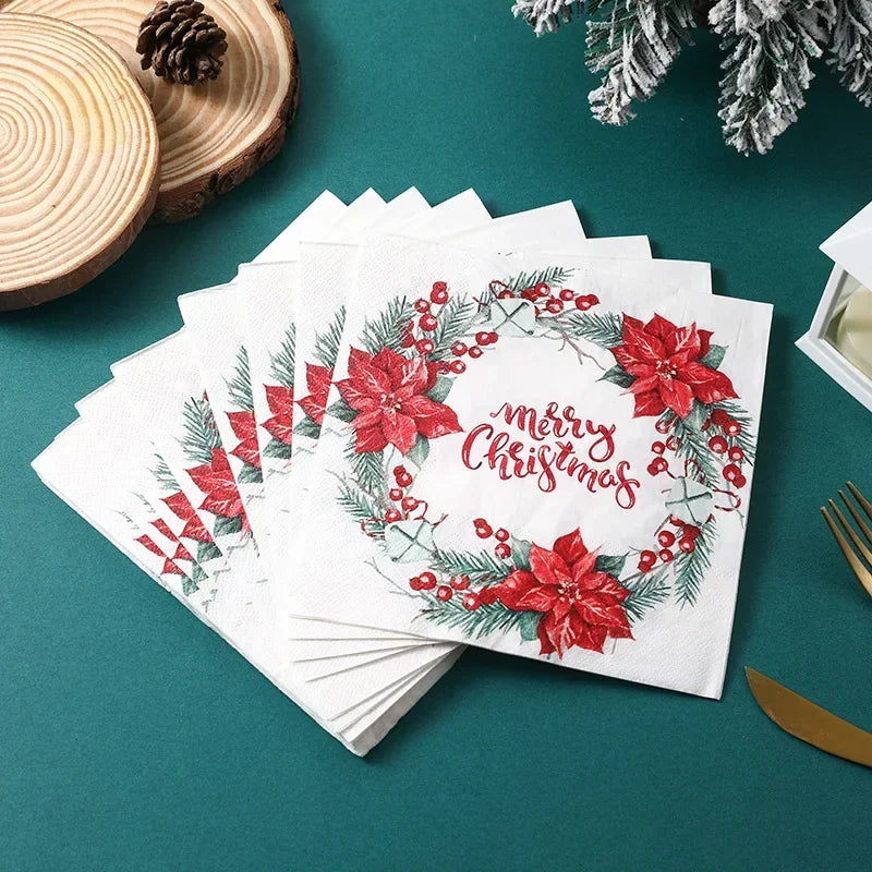 20pcs Christmas Collection Napkins Christmas Flowers Wreaths Colourful Printed Paper Placemats Butterfly Bone Bart Paper