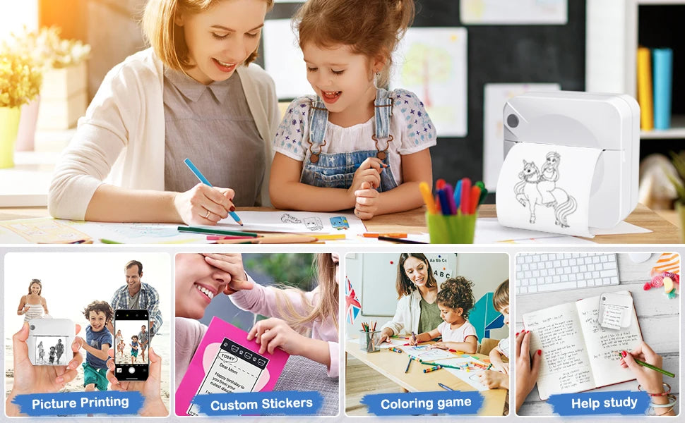 Mini Portable Printer Thermal Printing Sticker Wireless Inkless Mini Pocket Printer Self-adhesive Label Printer Photo Printer