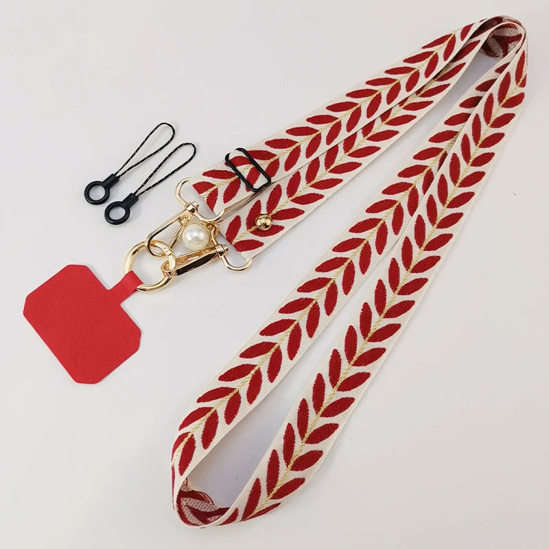 Adjustable Crossbody Long Mobile Phone Lanyard Wide Cloth Neckband Strap Rope Women's Pearl Hanging Ornaments Anti-Lost Lanyard