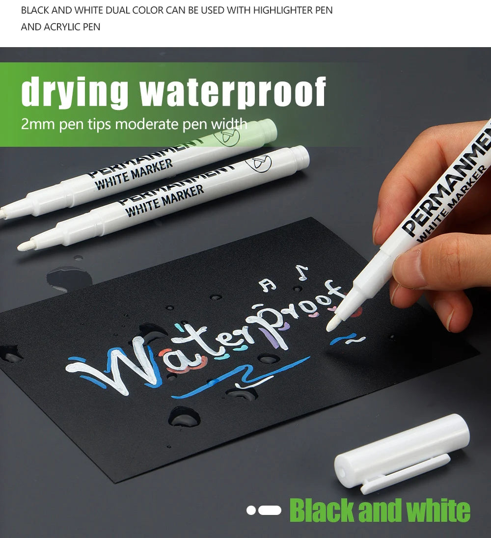 3/6/12 Pcs Waterproof Marker Pen White Black Inks  2mm Tip For Rock Painting Stone Ceramic Glass Wood Tire Fabric Metal Canvas