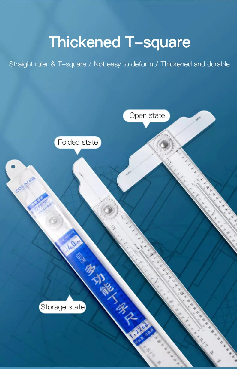 2/1pcs Multifunction Rotatable T-Square Ruler 4mm Thicken Plastic Math Line Circular Transparent Folding Geometric Drawing Ruler