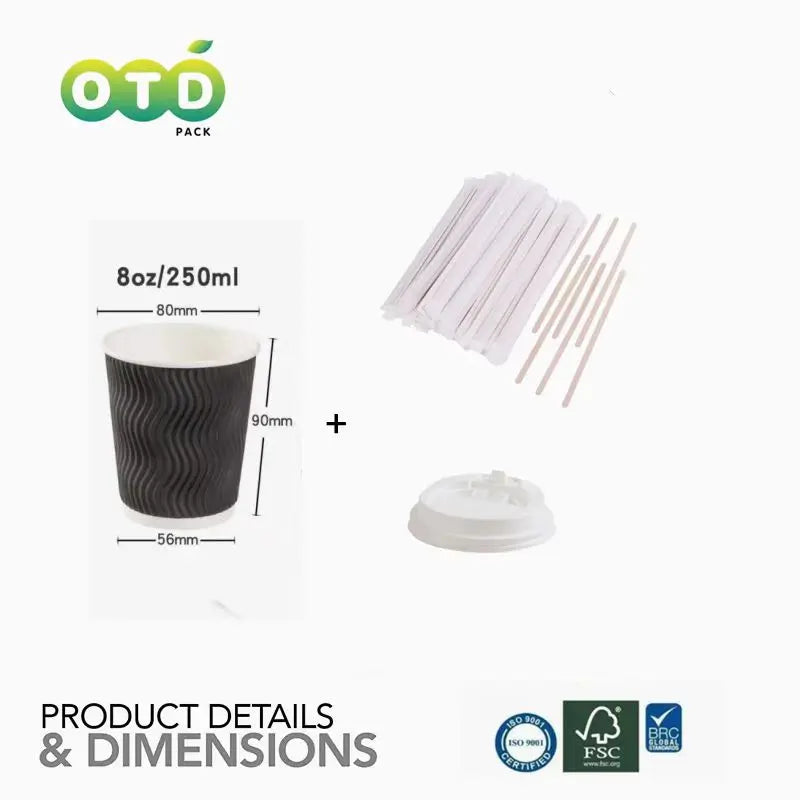 Black Rippled Double Wall Paper Cups, Disposable Coffee Cups, Paper Cups for Christmas Party and Daily [With Lids]