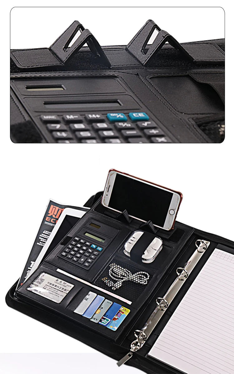 A4 Portable File Folder with Calculator Binder Organizer Manager Office Document Pad Briefcase PU Leather Padfolio Bag Customize
