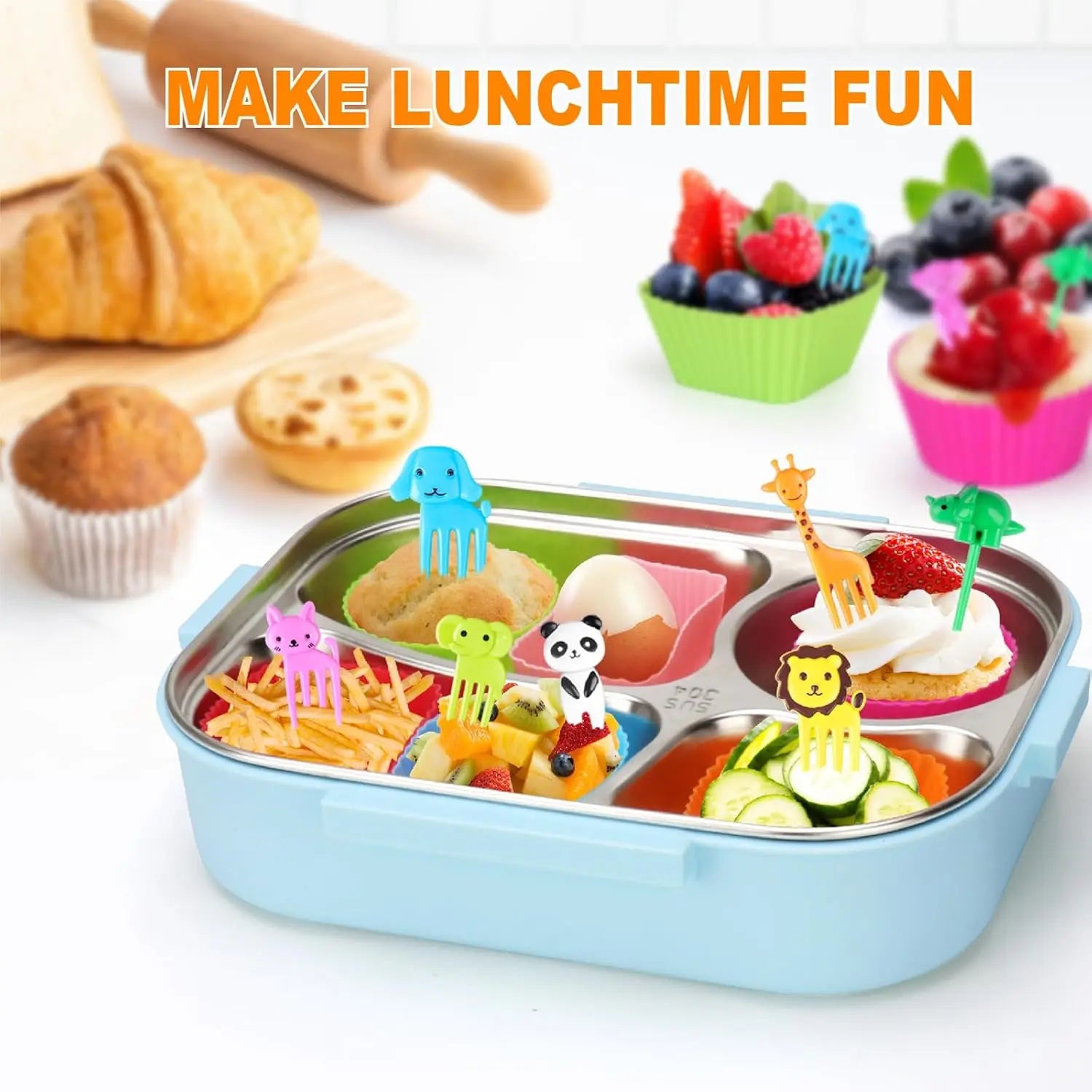 Kids Lunch Bento Box Accessories with Silicone Cupcake Liners for Baking and Small Animal Food Toothpicks Fruit Forks