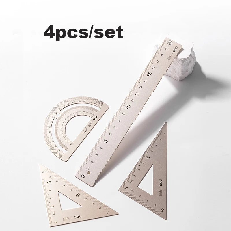 Deli 4Pcs Student Stationery Set Triangle Ruler Straight Ruler Grid Ruler Angle Measuring Tool Aluminum Alloy Material