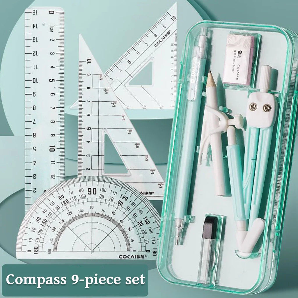 Kawaii 9pcs Ruler Set for Exams Geometry Compass Straight Edge & Protractor Portable Math Drawing Tools Stationery Supplies
