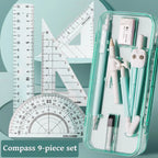 Kawaii 9pcs Ruler Set for Exams Geometry Compass Straight Edge & Protractor Portable Math Drawing Tools Stationery Supplies