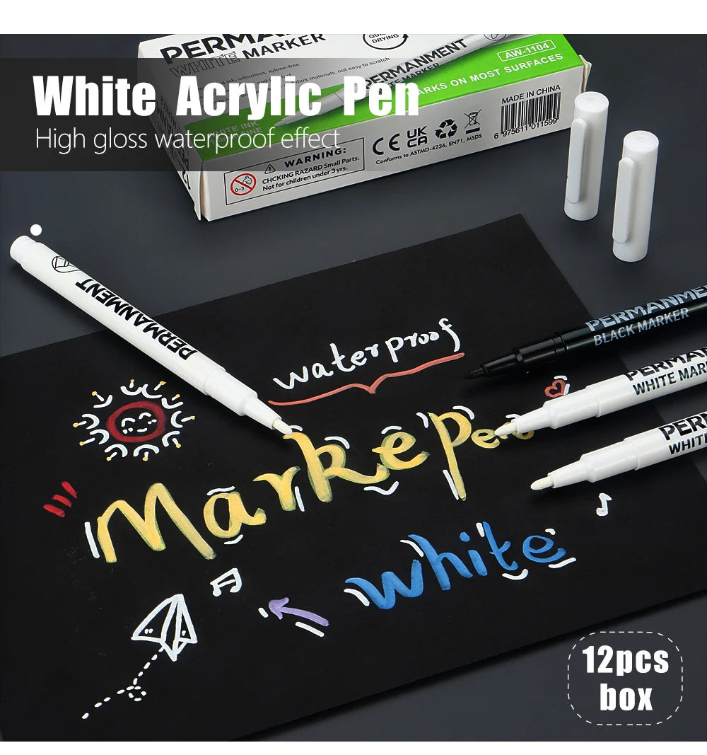 3/6/12 Pcs Waterproof Marker Pen White Black Inks  2mm Tip For Rock Painting Stone Ceramic Glass Wood Tire Fabric Metal Canvas