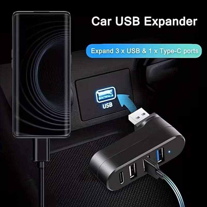4-Port USB 3.0 Hub [90°, 180° Rotatable], USB Splitter, 3 USB Ports and 1 USB C Power/Data Port, USB Extender for Laptops, Cars,