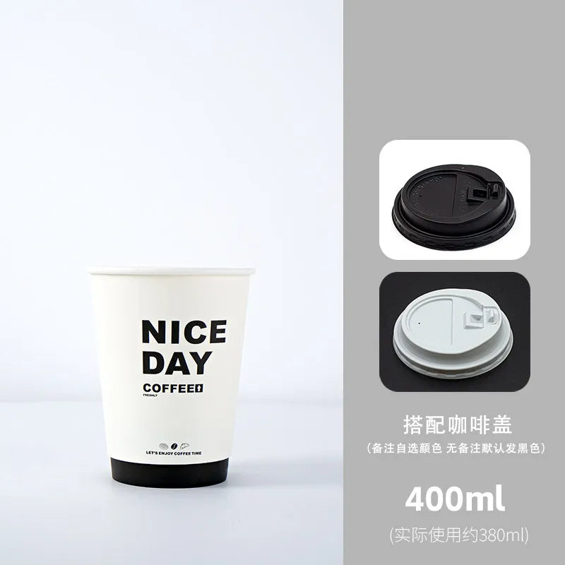 50pcs Thick Double-layer Coffee Paper Cup Disposable 90mm Caliber Hot Drink Leak Proof with Lid Shop Takeaway Paper Cups