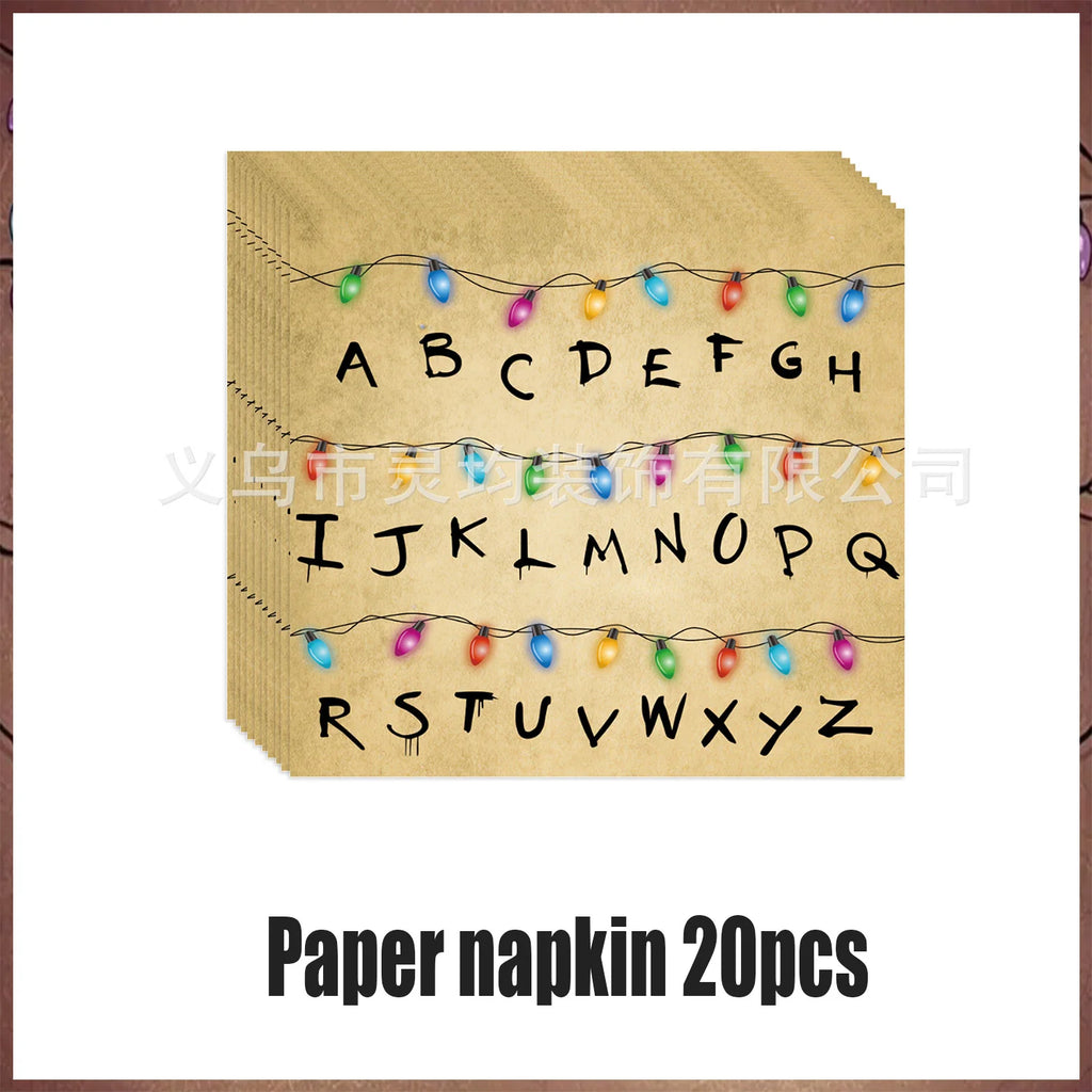 Stranger Theme Birthday Party Tableware Decoration American TV Paper Plate Napkin Banner Lights Alphabet Backdrops Kids Supplies