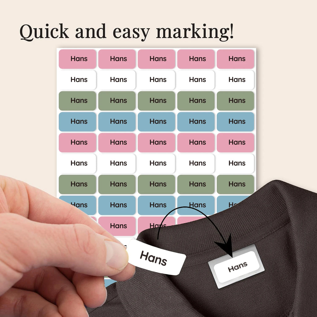 Custom Name Clothing Labels for Kids, Self-Adhesive Fabric Name Stickers, No-Iron Waterproof Washable Labels