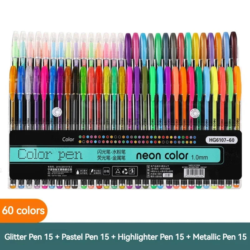 12-60Pcs Metallic Glitter Colors Gel Pens 100 Colored Refills Rod Stationery Highlighter School Coloring Drawing Art Markers