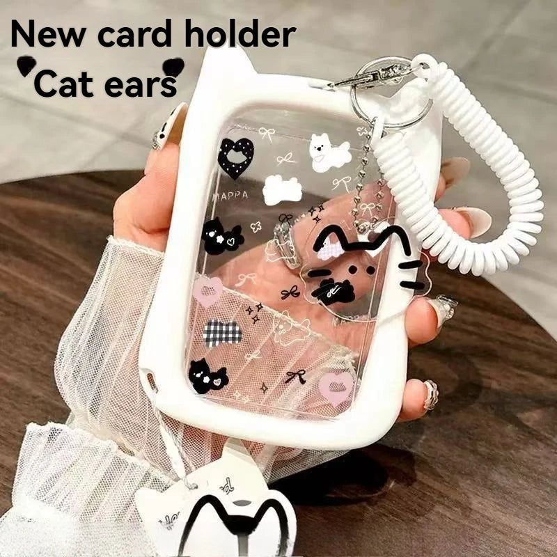 1PC Cat Ear Card Cover Transparent Student Bus Card Cover Subway Access Card ID Card Campus Card Water Card Document