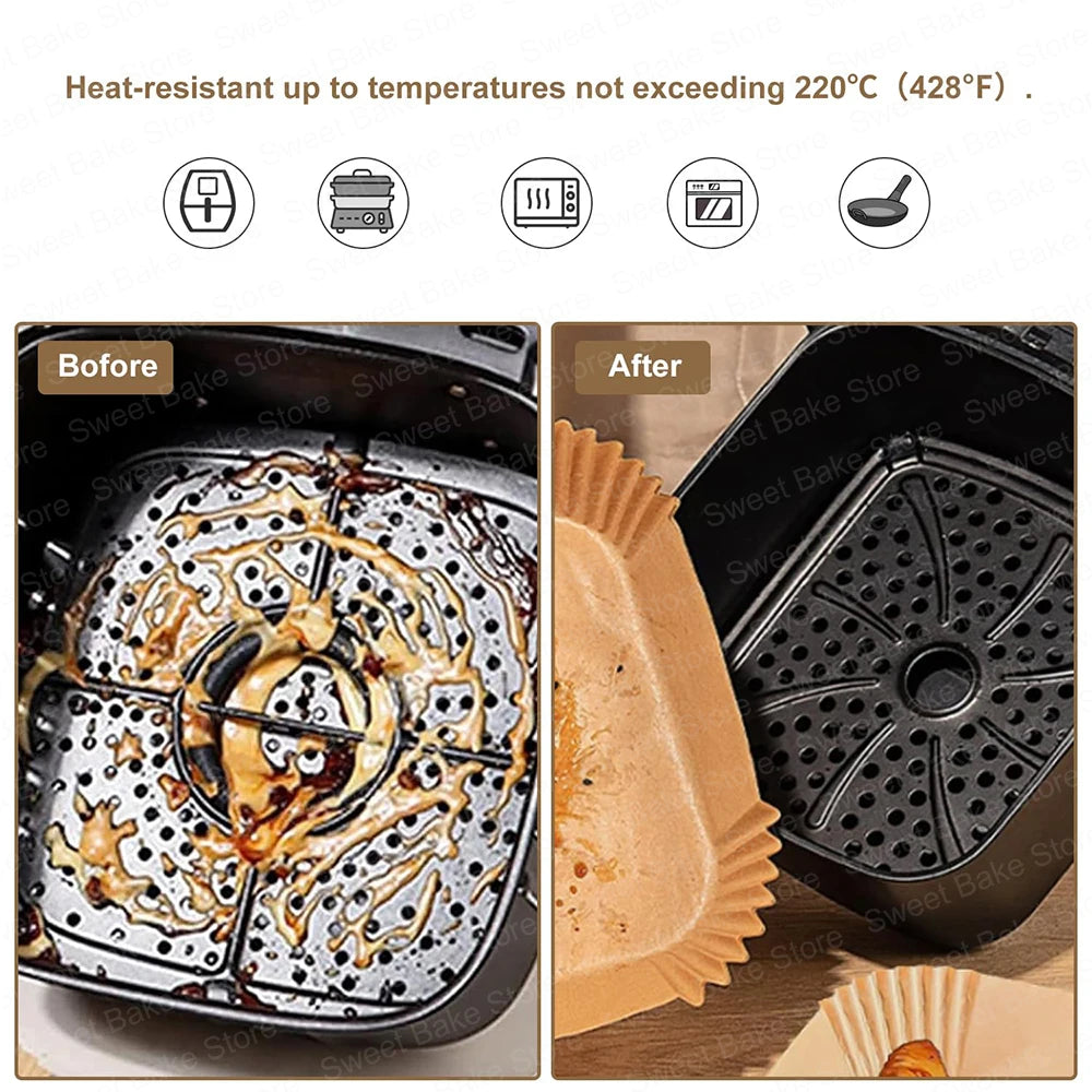 16/20/23CM Square Multiple Sizes Air Fryer Parchment Paper Liners Non-stick Baking Tray For 3-10 QT Frying, Cooking, Roast