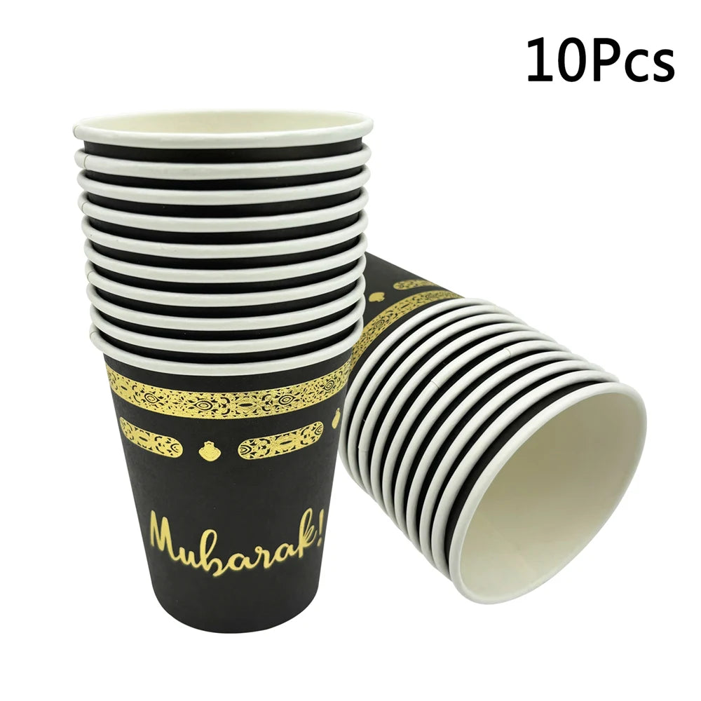 10Pcs Umrah Eid Mubarak Ramadan Party Disposable Tableware Kaaba Paper Plates Cups Napkin Muslim Islamic Eid Al-Fitr Decoration