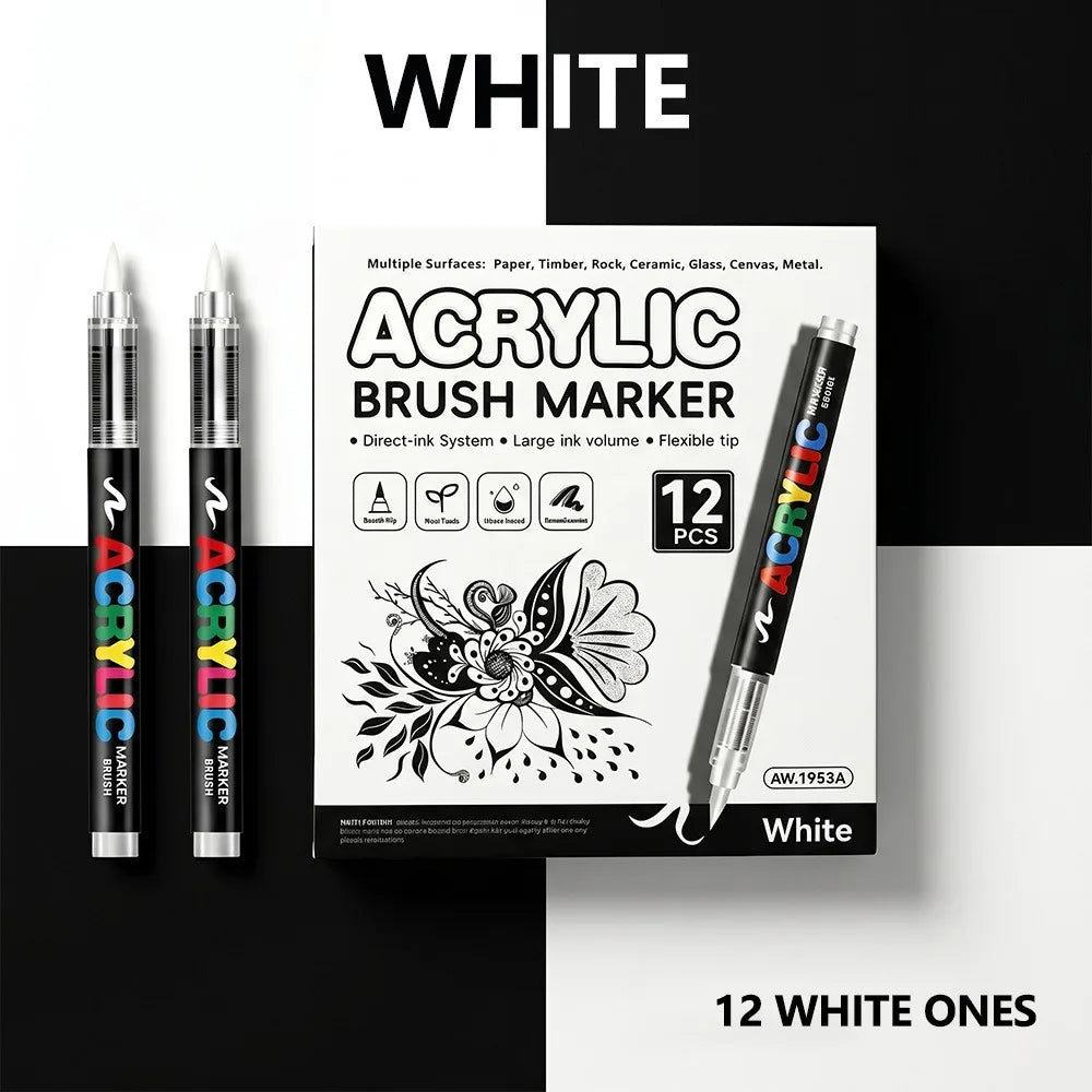 12 Pcs Black and White/Gold and Silver Acrylic Paint Markers Set, Large Ink Capacity, Skin Color Brush Markers Pen Art Supplies