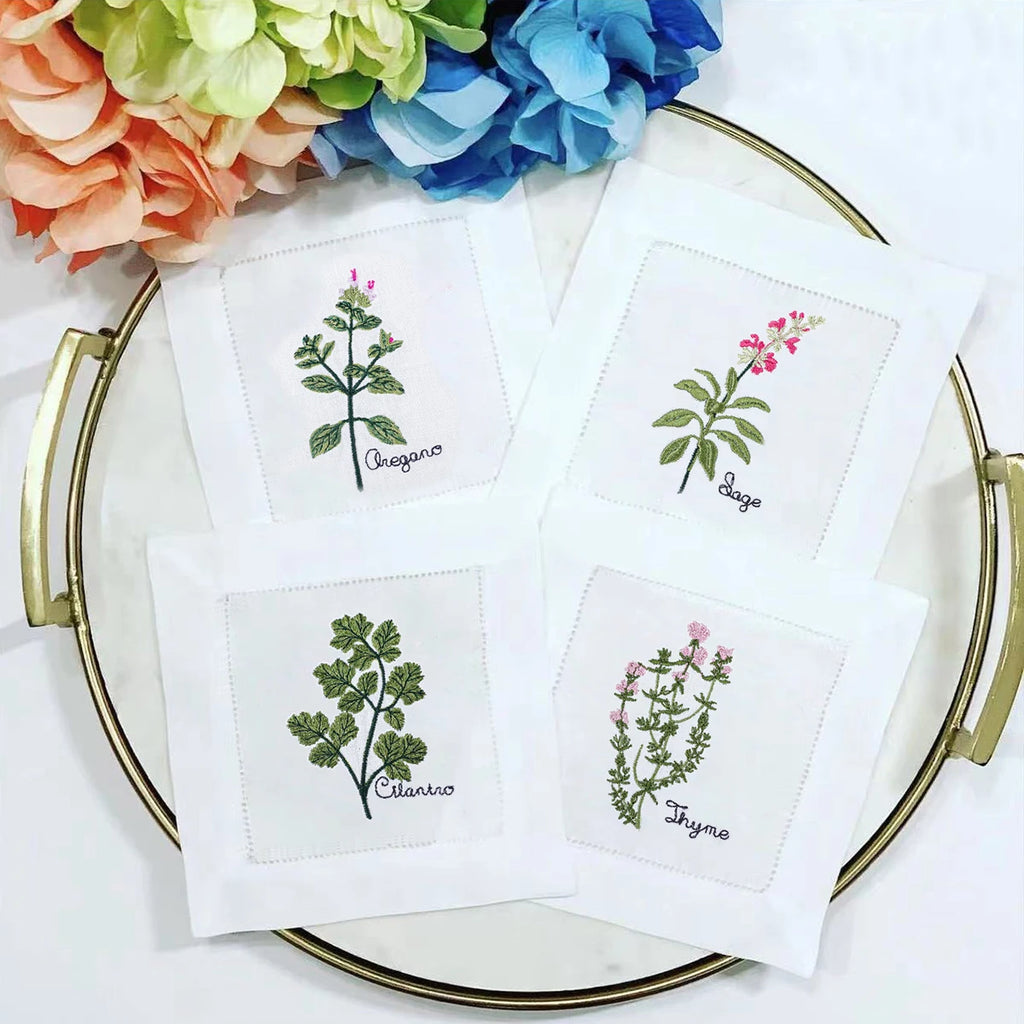 New Embroidered Herb Cocktail Napkin, Pure Linen, Lavender, Rosemary, Mint，Sage，Natural, Elegant, Tea Napkin, 15x15cm,